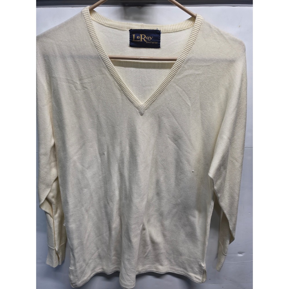 Vintage LeRoy Knitwear Cream V-Neck Sweater Fine Knit Long Sleeve Ivory Classic